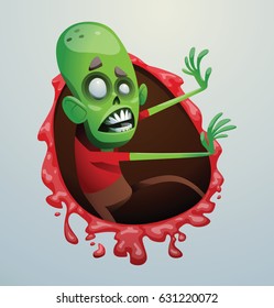 Vector bloody red frame with cartoon image of a funny green zombie with big head in a red t-shirt walking to the right on a light gray background. Apocalypse, dead, halloween. Vector illustration.