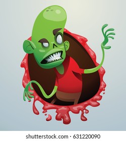 Vector bloody red frame with cartoon image of a funny green zombie with big head in a red t-shirt looking over his shoulder on a light gray background. Apocalypse, dead, halloween. Vector illustration