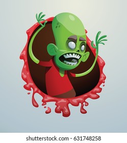 Vector bloody red frame with cartoon image of a funny green zombie with big head in a red t-shirt frightening someone on the right on a light gray background. Apocalypse, dead, halloween.