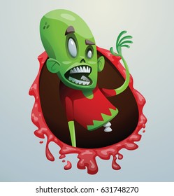 Vector bloody red frame with cartoon image of a funny green zombie with big head in a red t-shirt fell apart into two parts on a light gray background. Apocalypse, dead, halloween.