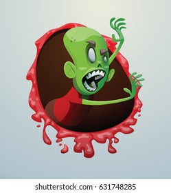 Vector bloody red frame with cartoon image of a funny green zombie with big head in a red t-shirt jumping on someone on a light gray background. Apocalypse, dead, halloween.