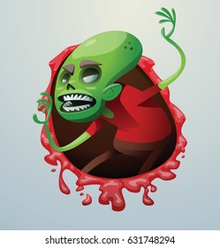 Vector bloody red frame with cartoon image of a funny green zombie with big head in a red t-shirt sneaking up to someone on the left on a light gray background. Apocalypse, dead, halloween.
