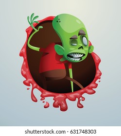 Vector bloody red frame with cartoon image of a funny green zombie with big head in a red t-shirt standing and looking to the right on a light gray background. Apocalypse, dead, halloween.