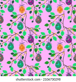 Vector -  blooming apple twig with easter eggs seamless pattern.