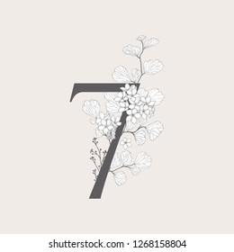 Vector Blooming Floral Number 7 monogram or logo. Numeric Flowered 7 with Flowers and Branches. Wildflowers. Floral Design