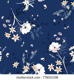 Vector blooming Floral pattern in the many kind of flowers. Botanical Motifs scattered random. Seamless vector texture. For fashion prints. Printing with in hand drawn style on ultra blue background. Vector blooming Floral pattern in the many kind of flowers. Botanical Motifs scattered random. Seamless vector texture. For fashion prints. Printing with in hand drawn style on ultra blue background.