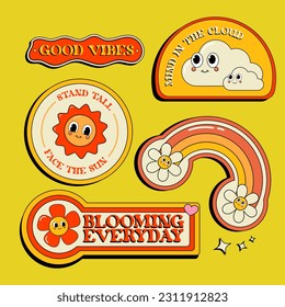 Vector blooming flower hand drawn retro sticker collection