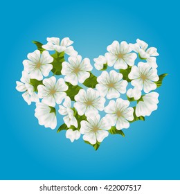 Vector blooming sakura, cherry or apple tree heart on gradient blue background. Fresh, spring romantic design for greeting, wedding, birthday card. Hanami festival