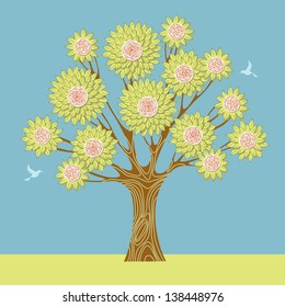 Vector blooming tree and birds on a background of blue sky. Abstract decorative drawing illustration of branches with stylized green leaves and pink flowers for print and web