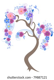 Vector blooming tree with blue flower and bird