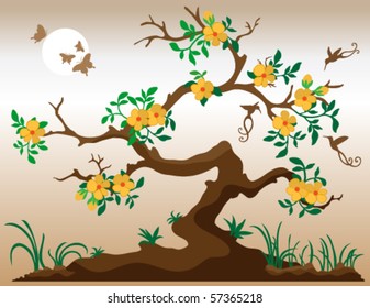 Vector Blooming tree with hummingbirds and butterflies. Deep yellow flowers with orange center. Grass and plants at underneath tree. Bark is in shades of brown.
