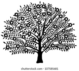 Vector Blooming Tree Silhouette Isolated  on White Background