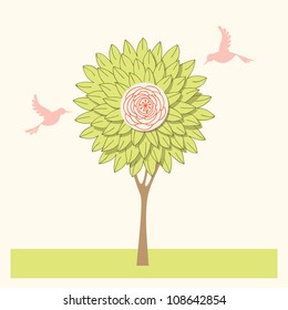 Vector blooming young tree and couple of birds. Romantic background with concept of blossoming. Abstract illustration of stylized leaves and flowers for print and web