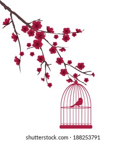 vector blossom branch with red flowers and red bird in a cage