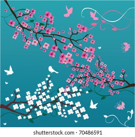 vector blossom branches with birds and butterflies