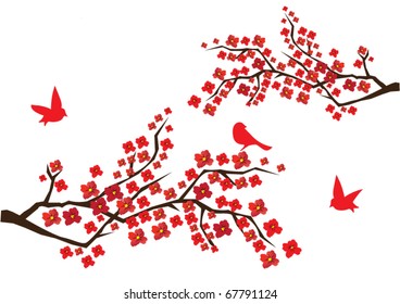 vector blossom branches with red flowers and birds