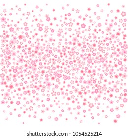 Vector blossom greeting card background with pink cherry or sakura flowers in flat style