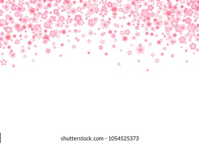 Vector blossom greeting card background with pink cherry or sakura flowers in flat style