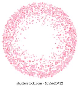 Vector blossom greeting card background with pink cherry or sakura flowers in flat style