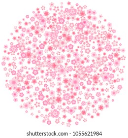 Vector blossom greeting card background with pink cherry or sakura flowers in flat style