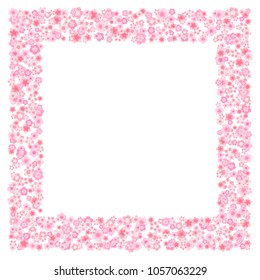 Vector blossom greeting card background with pink cherry or sakura flowers in flat style