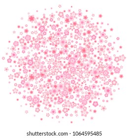 Vector blossom greeting card background with pink cherry or sakura flowers in flat style