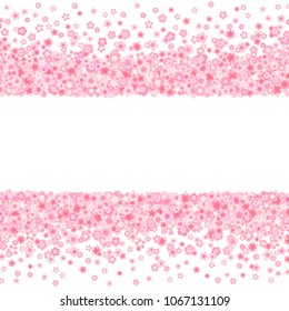 Vector blossom greeting card background with pink cherry or sakura flowers in flat style