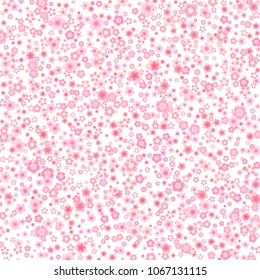 Vector blossom greeting card background with pink cherry or sakura flowers in flat style