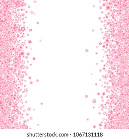 Vector blossom greeting card background with pink cherry or sakura flowers in flat style