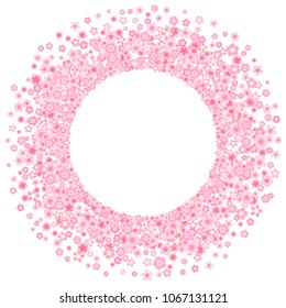 Vector blossom greeting card background with pink cherry or sakura flowers in flat style