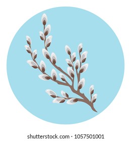 Vector blossom willow branch. Greeting card template. Icon with blossoming pussy-willow twig in flat style. Spring flowering.