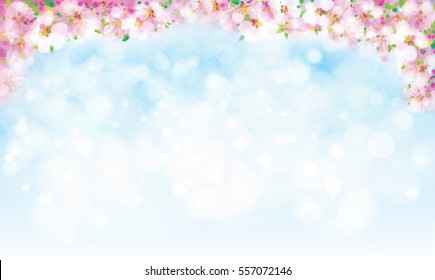 Vector blossoming sakura tree border on sky bokeh background.