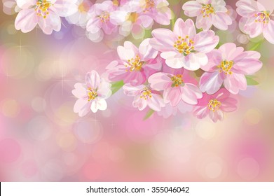  Vector blossoming sakura tree, pink bokeh background.