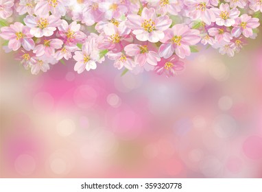  Vector blossoming sakura tree, pink bokeh background.