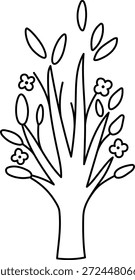 Ícone de linha de árvore florescente de vetor isolado no plano de fundo branco. Planta de jardim ou floresta com flores e folhas. Primavera negra e branca, aldeia pascal ou ilustração agrícola. Página de coloração verde natural
