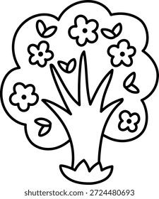 Icono de la línea del árbol floreciente del Vector aislado en el fondo blanco. Planta de jardín o bosque con flores y hojas. Primavera en blanco y negro, Pascua o granja ilustración, página para colorear

