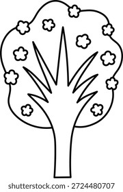 Icono de la línea del árbol floreciente del Vector aislado en el fondo blanco. Jardín, bosque, planta de cereza japonesa con flores y hojas. Primavera en blanco y negro, Pascua o granja ilustración, página para colorear
