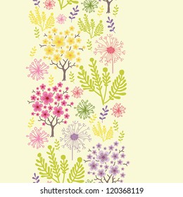 Vector blossoming trees vertical seamless pattern ornament background with colorful spring flowers.