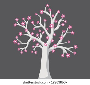 Vector blossoms tree on black grey background illustration