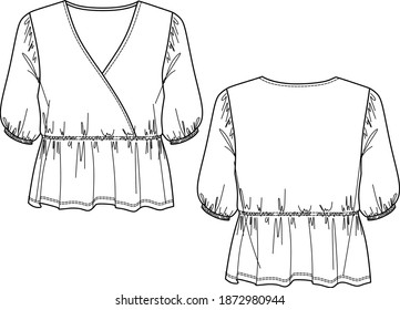 Vector blouse with balloon sleeves fashion CAD, woman wrapped top with frills and waistband technical drawing, sketch, template, flat. Jersey or woven fabric blouse with front, back view, white color