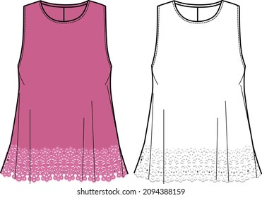 Vector blouse with lace fashion CAD, woman sleeveless top with lace trim technical drawing, sketch, flat, mock up, template. Jersey or woven fabric tank top with front, back view, white color