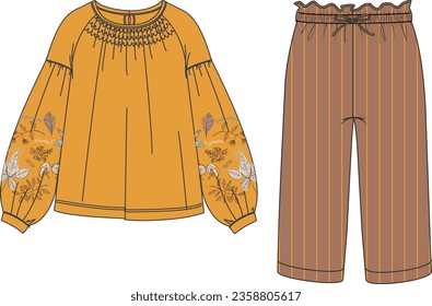 Blusa vectorial. Blusa a la moda del cuello CAD, mujer y niña   dibujo técnico en la parte superior del cuello, plantilla, plano, esbozo. Blusa de tela Jersey con Pants.