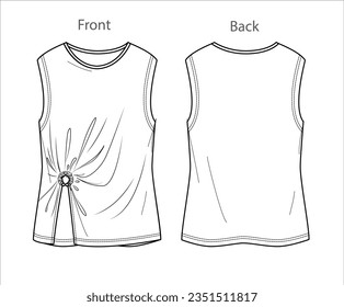 Vector blouse with ring accessory fashion CAD, woman sleeveless top with frills technical drawing, sketch, flat, mock up, template. Jersey or woven fabric tank top with front, back view, white color