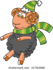 Vector blsck sheep character in Christmas hat.