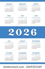 Vector Blue 2026 Year Calendar Printable Template