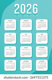Vector Azul 2026 Año Calendario Plantilla Imprimible