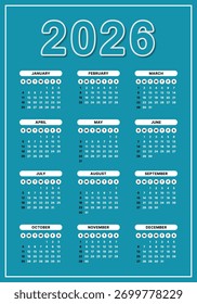Vector Blue 2026 Year Calendar Printable Template