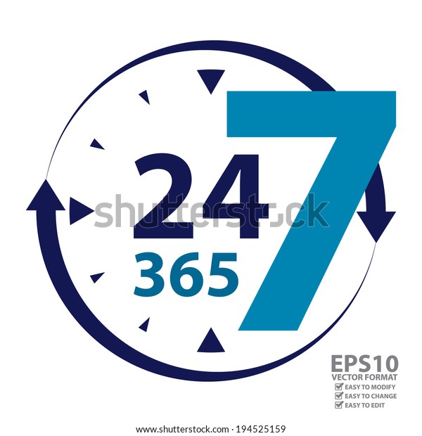 Vector Blue 24 7 365 Clock Stock Vector (Royalty Free) 194525159