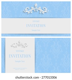 Vector Blue 3d Floral Horizontal Cards Set, Christmas and Invitation Template 