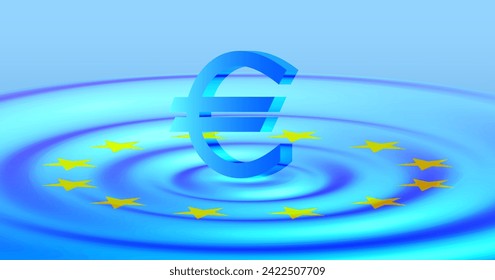 Vektorblaues 3D-Symbol des digitalen Euro der Europäischen Union auf der Oberfläche einer strahlenden Flüssigkeit mit divergierenden Wellen. Virtual Cyan Crypto Finanzplatz.